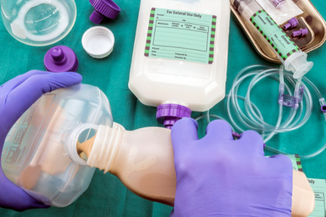 Enteral nutrition supplies including feeding kits, tubes, formulas, and pumps